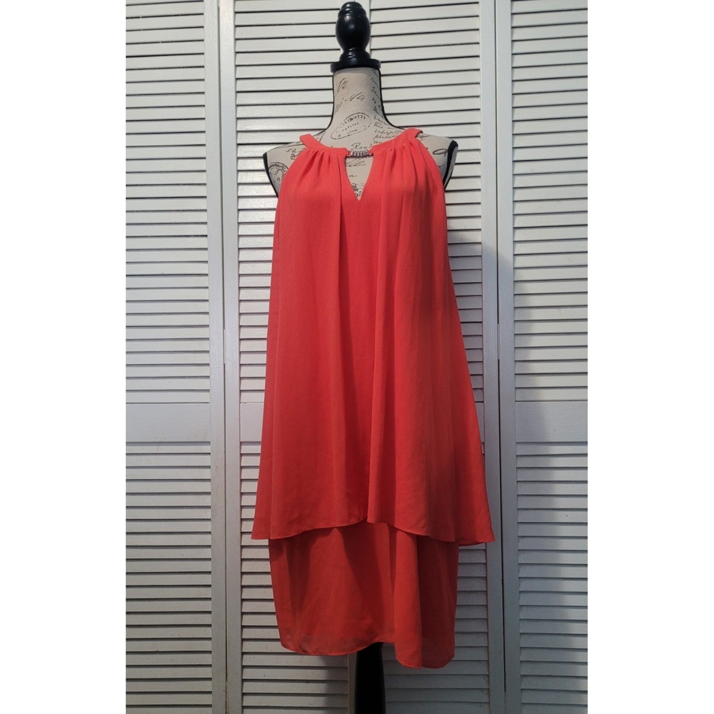 Jessica Howard Chiffon Halter Dress Women's Size 14 Coral Sleeveless Midi Shift